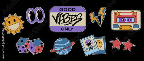 Vector set of cute fun templates with patches and stickers in 90s style. Vector illustration of y2k , 90s graphic design badges. Pop Art Sticker Pack. Set Of Cool Trendy Patches.