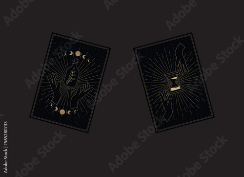 two black tarot cards with palms, hourglass and herbal vial. divination cards on a black background