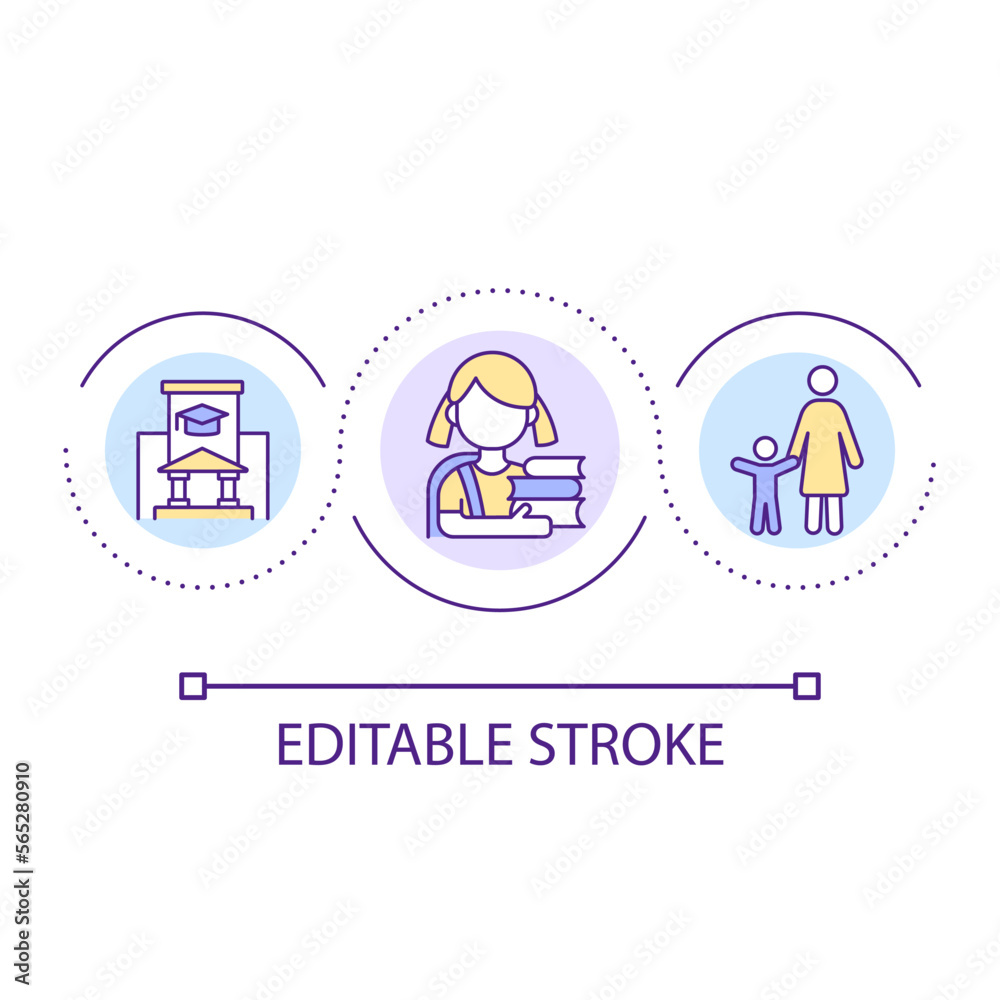 Primary school education loop concept icon. Take child to school for first time. Little students abstract idea thin line illustration. Isolated outline drawing. Editable stroke. Arial font used Primary school education loop concept icon. Take child to school for first time. Little students abstract idea thin line illustration. Isolated outline drawing. Editable stroke. Arial font used