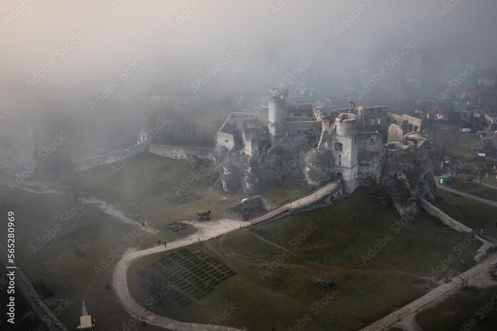 Fototapeta premium Ogrodzieniec Castle in the morning fog. Poland