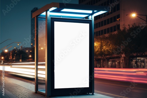Fototapeta Vertical blank white billboard at bus stop on city street