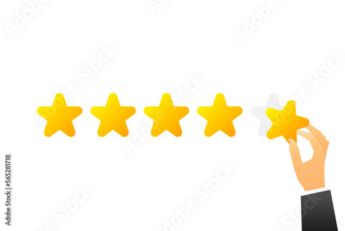 Feedback or Rating concept. Hand holds yellow star. Sign of feedback or rating. Good review and supporting client service successful. Vector illustration.