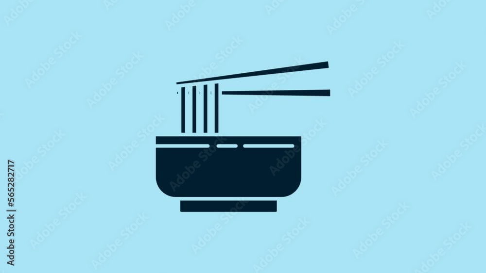 Blue Asian noodles in bowl and chopsticks icon isolated on blue background. Street fast food. Korean, Japanese, Chinese food. 4K Video motion graphic animation Blue Asian noodles in bowl and chopsticks icon isolated on blue background. Street fast food. Korean, Japanese, Chinese food. 4K Video motion graphic animation