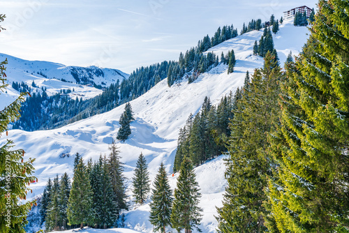 Wintry landscape on Hahnenkamm mountain in Austrian Alps in Kitzbuhel. Winter in Austria photo