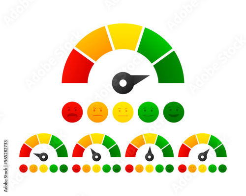 Emotional icons indicating quality, level, rating. Business indicators concept. Grades of different levels, such as bad, normal, good, excellent. Vector illustration.