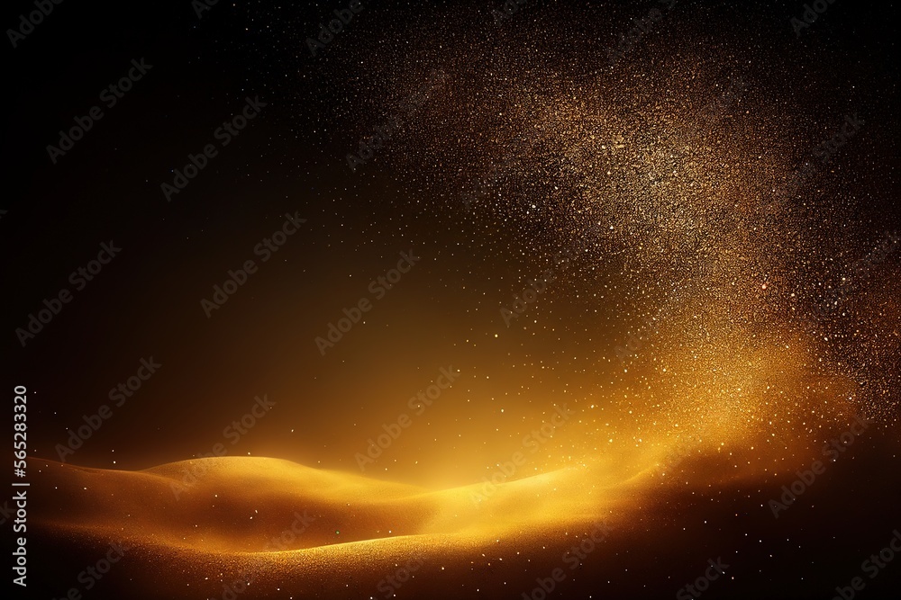 Golden glittering particles on black background. magical abstract glowing particles with bokeh and empty space for text