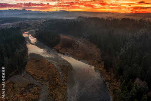 aerial view of the Białka Tatrzańska river gorge at sunset, with mountains in the background, High Tatras, Podhale