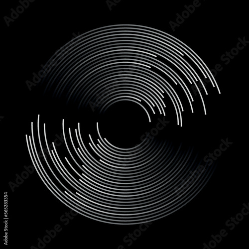 Abstract white circle lines on black background. Logo, icon or design element.