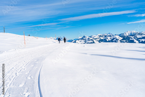Wintry landscape on Hahnenkamm mountain in Austrian Alps in Kitzbuhel. Winter in Austria