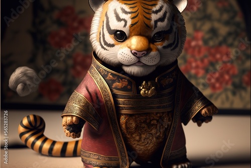 Cute cartoon image design  anthropomorphic tiger  wearing traditional Chinese costumes  cute  3D doll