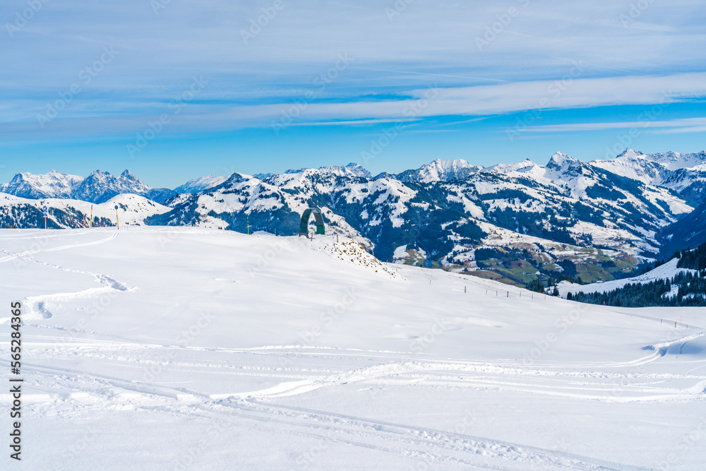 Wintry landscape on Hahnenkamm mountain in Austrian Alps in Kitzbuhel. Winter in Austria Wintry landscape on Hahnenkamm mountain in Austrian Alps in Kitzbuhel. Winter in Austria