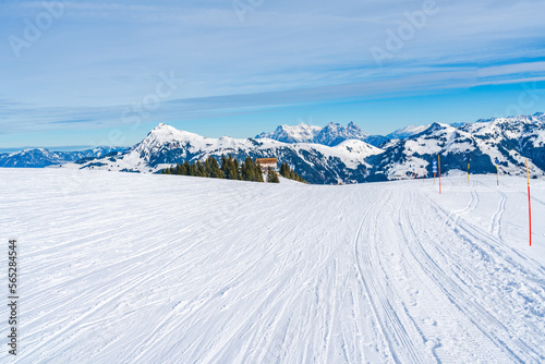 Wintry landscape on Hahnenkamm mountain in Austrian Alps in Kitzbuhel. Winter in Austria © beataaldridge