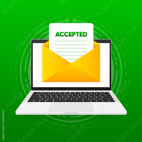 Accepted Letter concept. Laptop screen, email with open envelope. Job offer, college success or business email. Vector illustration.