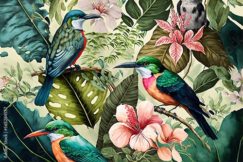 Canvas Print Tropical watercolor birds hummingbird, monkey and jaguar, exotic jungle plants l