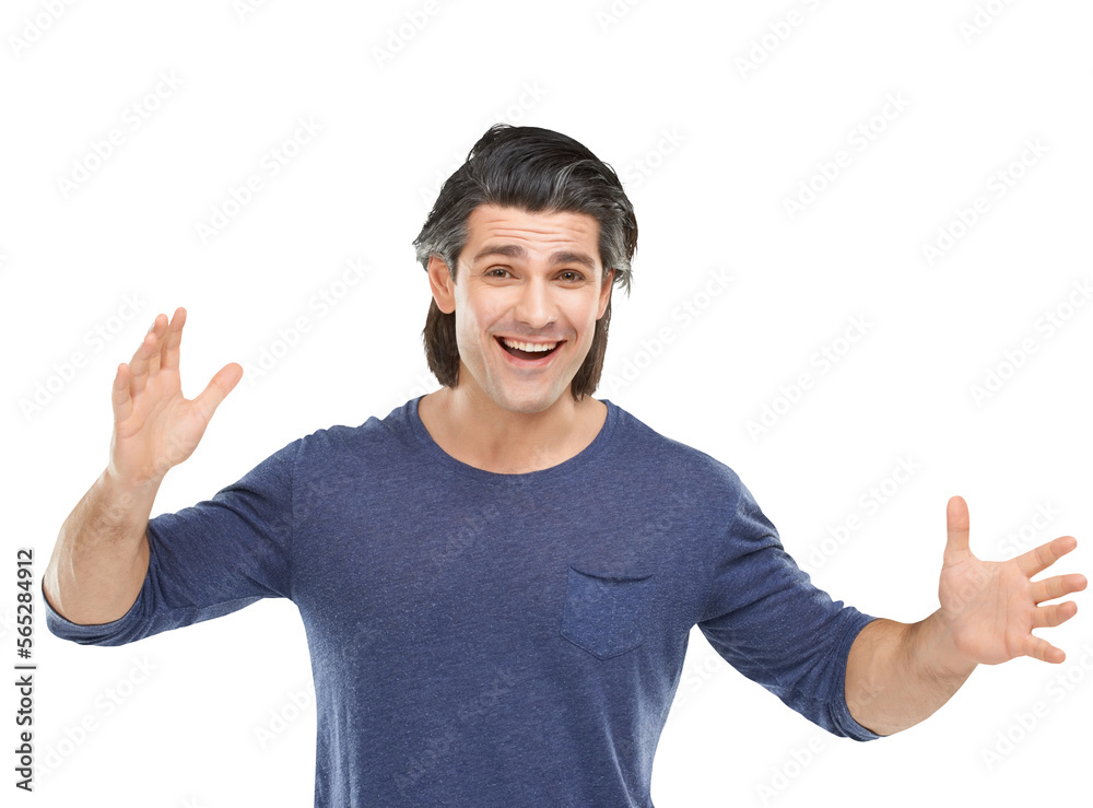 Portrait of a handsome man looking surprised with his hands raised Isolated on a PNG background. Portrait of a handsome man looking surprised with his hands raised Isolated on a PNG background.