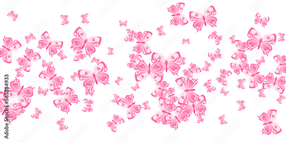 Tropical pink butterflies isolated vector wallpaper. Summer pretty moths. Decorative butterflies isolated children background. Gentle wings insects graphic design. Tropical creatures.