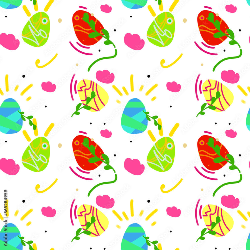 Seamless pattern in children's style on the Easter theme. Repeating bright colorful Easter eggs, flowers and abstract design elements on a white background.