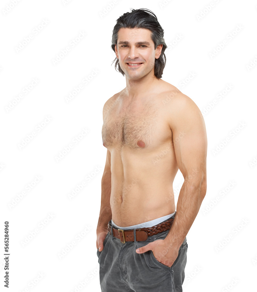 Fototapeta premium Portrait of a handsome, shirtless man posing in smile with his hands in pocket Isolated on a PNG background.
