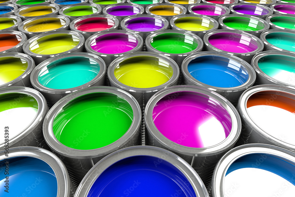 Multiple open cans with different paint Multiple open cans with different paint