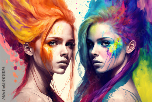 Two woman in love with rainbow hair, generative ai