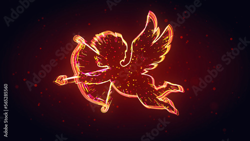 Red Yellow Shiny Flying Cupid Shape 3d Lines Effect With Tiny Hearts Particles On Dark Red Glitter Dust Background