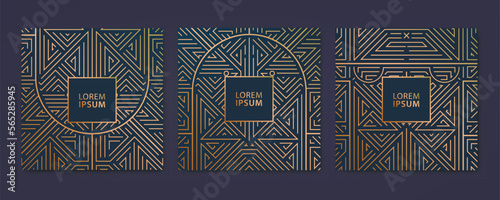 Vector set of luxury cover templates, square line art deco patterns with archs. Fancy design elements for placards, banners, flyers, presentations and cards