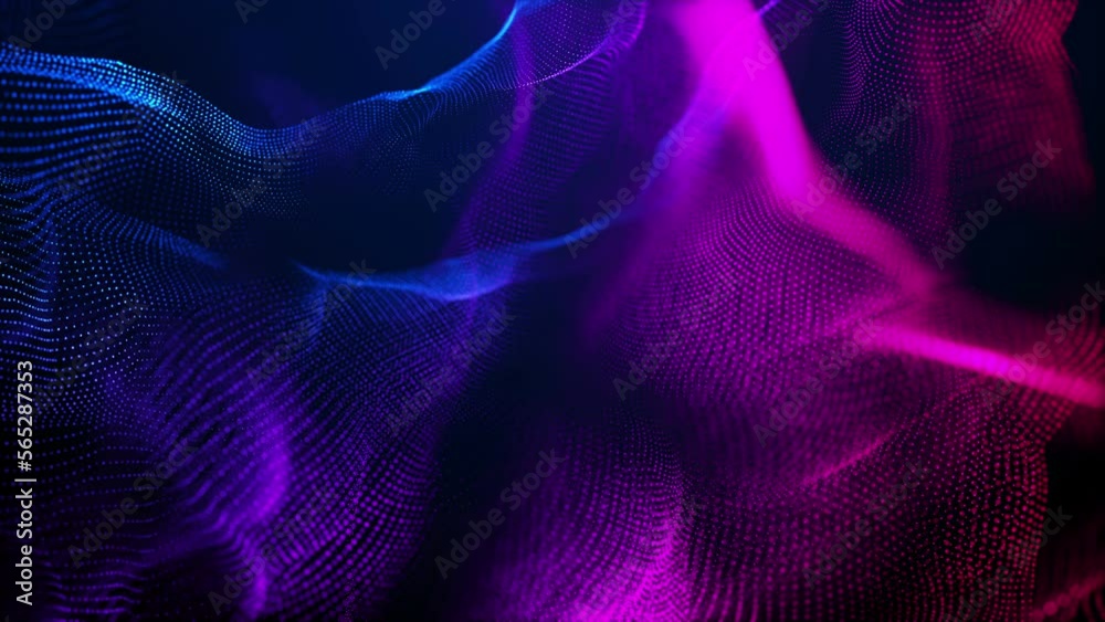 Glowing curves dots mesh digital wave particles flows on abstract background. Visualization of data 3D particles in nfinite video loop.