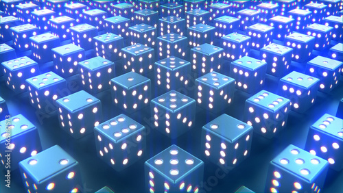 Blue metallic gaming dices - gaming randomization concept - abstract 3D rendering photo