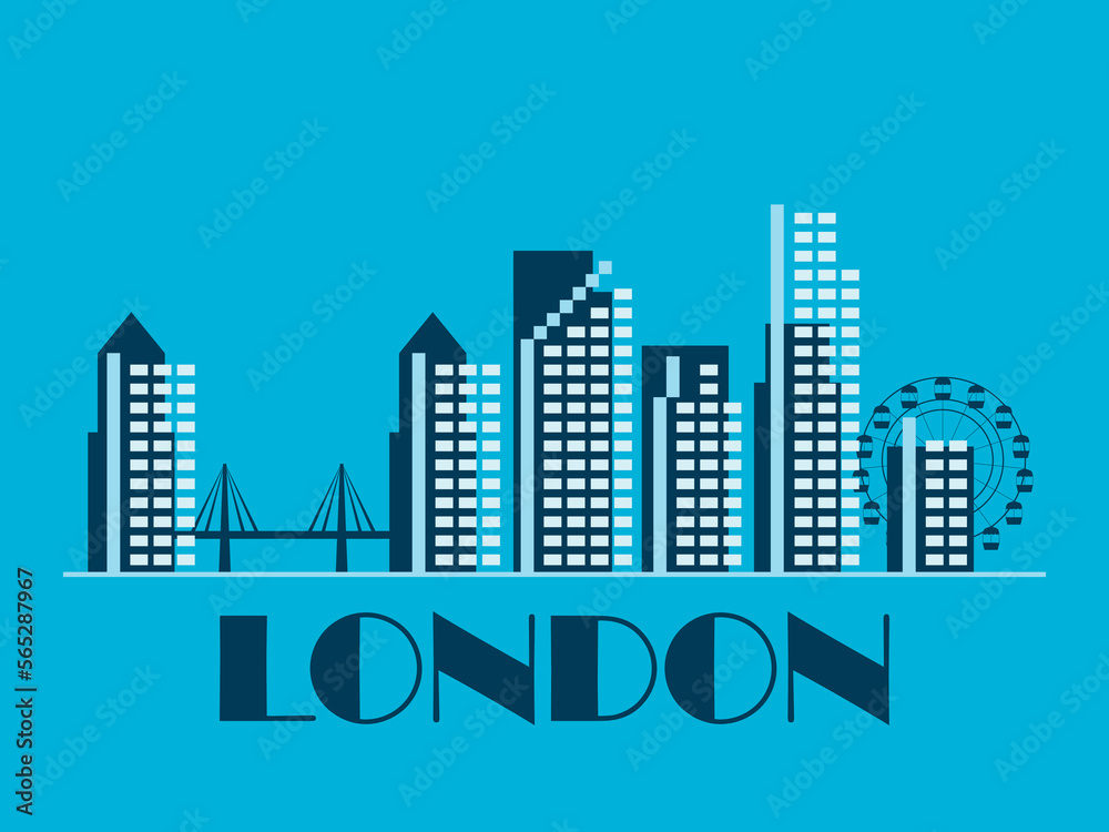 London landscape in vintage style. London retro banner with bridge and ferris wheel in linear style. Design of printing, posters and promotional materials. City logo. Vector illustration