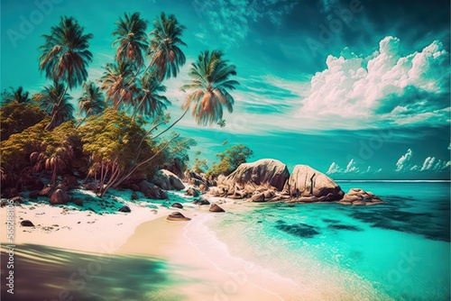 Beach with palm trees illustration digital art. Art of summer theme. Generative AI. 
