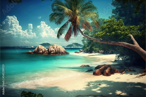 Beach with palm trees illustration digital art. Art of summer theme. Generative AI. 