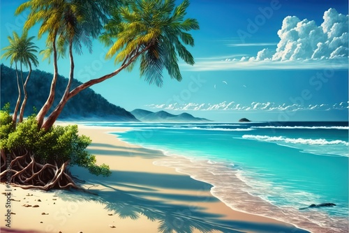 Beach with palm trees illustration digital art. Art of summer theme. Generative AI.  © SaraY Studio 