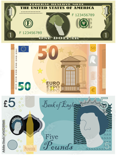 Tres billetes de distintas economías occidentales del mundo.