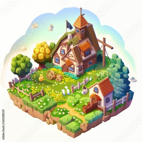 Farm in the countryside. Games background. Games story illustration. Beautiful landscape with shining farm. Generative AI.