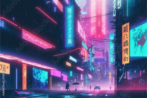 Neon city. Cyber city at night. Digital art illustration. Generative AI.