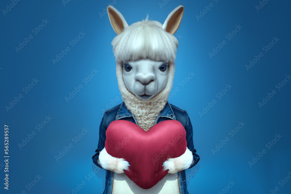 Fototapeta premium White alpaca character in denim jacket with fluffy red heart in paws, generative ai