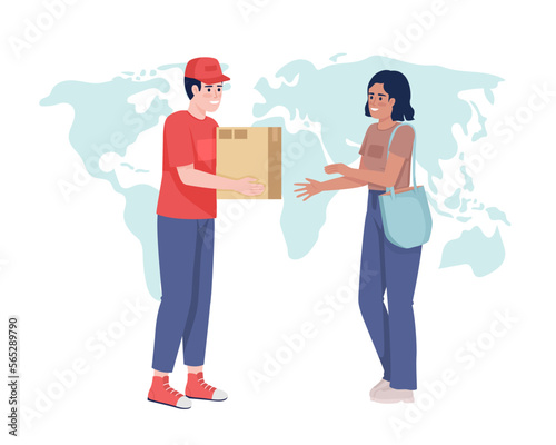 Urgent international delivery flat concept vector illustration. Editable 2D cartoon characters on white for web design. Courier giving parcel to client creative idea for website, mobile, presentation