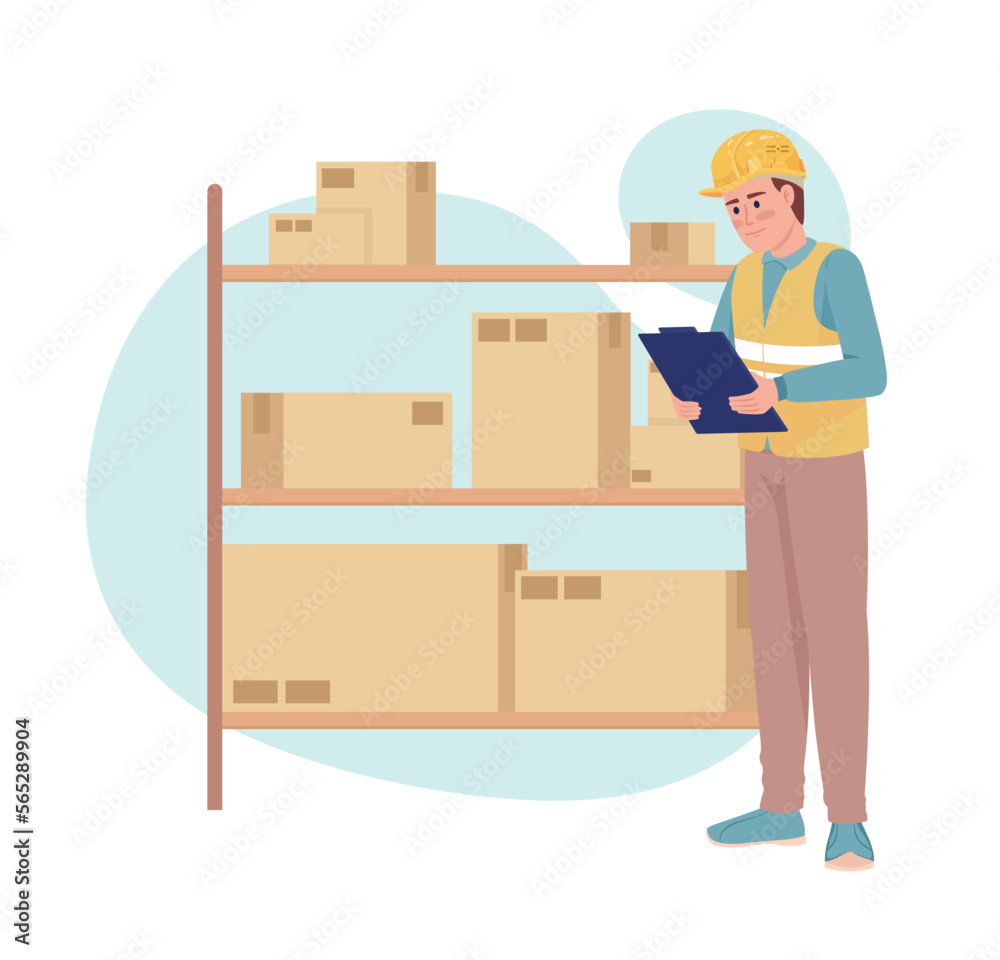 Delivery management 2D vector isolated illustration. Warehouse manager standing near shelves with boxes flat character on cartoon background. Colorful editable scene for mobile, website, presentation