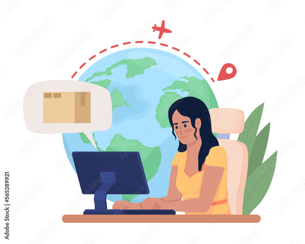Tracking international package delivery using computer flat concept vector illustration. Editable 2D cartoon character on white for web design. Check creative idea for website, mobile, presentation
