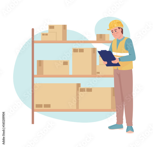 Delivery management 2D vector isolated illustration. Warehouse manager standing near shelves with boxes flat character on cartoon background. Colorful editable scene for mobile, website, presentation