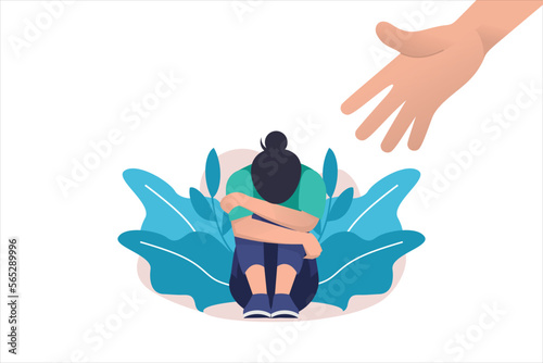 Human hand helps a sad lonely woman to get rid of depression. A young unhappy girl sits and hugs her knees. The concept of support and care for people under stress. Vector illustration in flat style