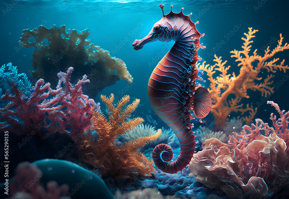 Pink seahorse in pastel colors on a background of corals and algae.AI generated. - obrazy, fototapety, plakaty 