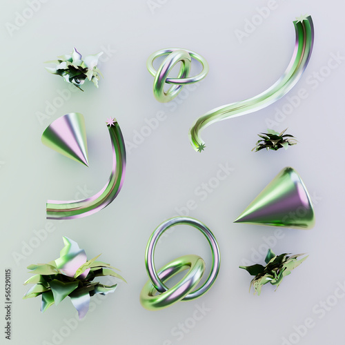 Set of 3d render primitives Realistic 3d sphere torus cone cube tube. Glossy holographic geometric shapes isolated on dark background Iridescent trendy design thin film effect 3d rendering (ID: 565290115)