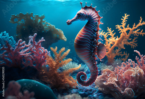 Pink seahorse in pastel colors on a background of corals and algae.AI generated. photo