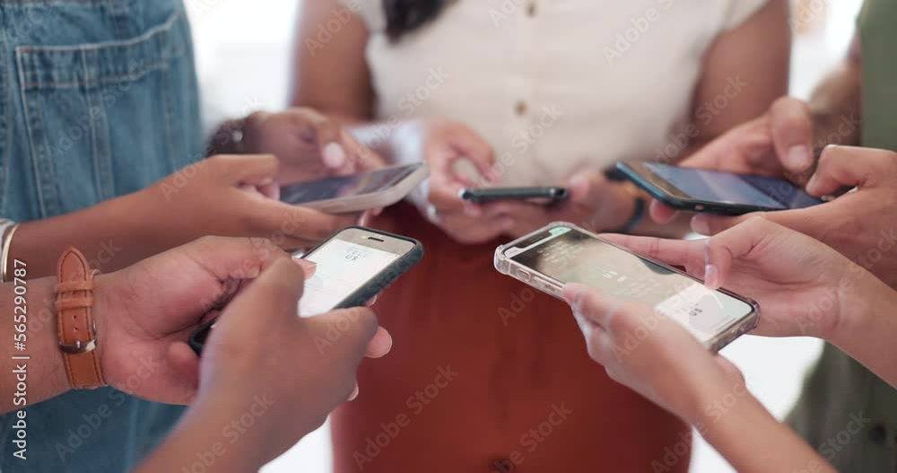 Circle, phone or hands typing on social media as a community or group texting or searching content. Viral internet news, friends or people networking on website, mobile app for digital communication