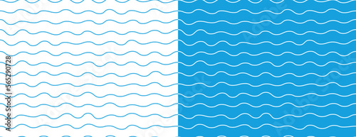 Two horizontal seamless wavy line patterns isolated on white and blue backgrounds. Repeating colorful wave line tile template. Summer vector design