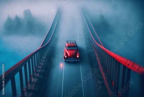 Above view landscape with red car on the bridge in misty morning, generative ai