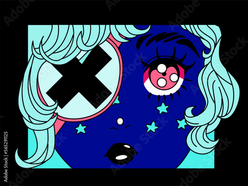 Pop art style illustration of a gothic anime girl with an eye-patch. Poster or t-shirt print template.