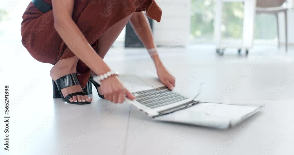 Anger, problem and woman break laptop over 404 computer glitch, stock market crash or investment fail. Frustrated rage, legs and trader smash pc on floor over NFT, bitcoin or forex trading mistake