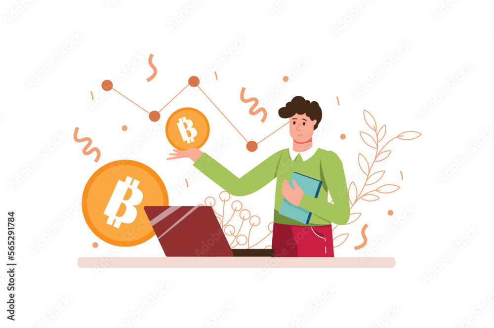 Cryptocurrency mining color concept with people scene in the flat cartoon style. Man deals with the cryptocurrency mining and earn a lot of money. Vector illustration.